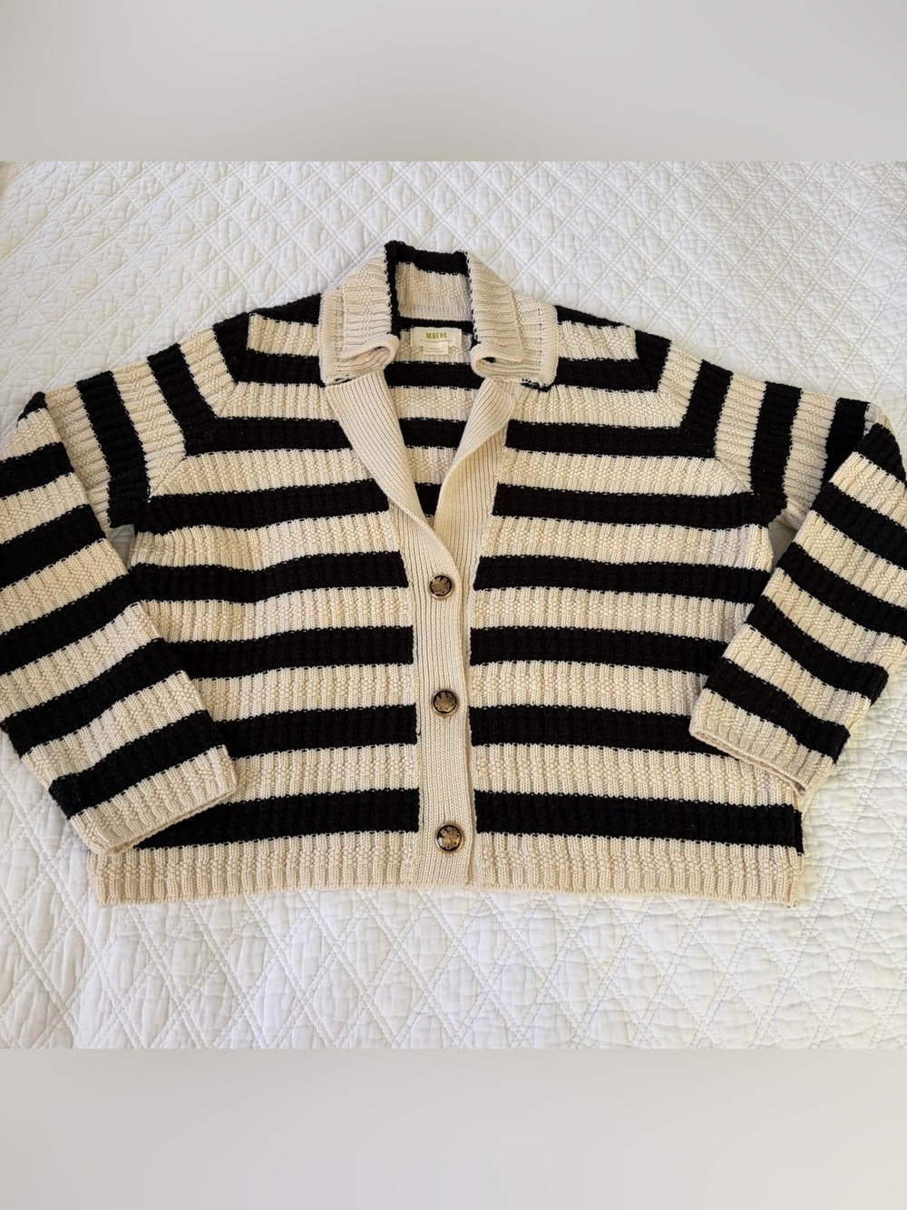 Anthropologie Black and Cream Striped Button-Front Crop Cardigan
